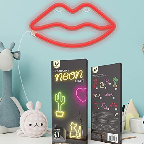 Forever Light Neon LED kiss lips wall decoration for bedroom, club, decoration, red neon, 3 x AA batteries, USB, light sign, lighting, decoration for living room, party, red lips (kiss)