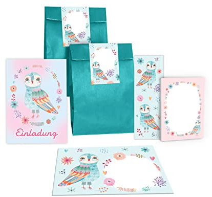 Junapack 12 Einladungskarten zum Kindergeburtstag Mädchen Eule incl. 12 Umschläge, 12 Tüten/Petrol, 12 Aufkleber, 12 Lesezeichen, 12 Blöcke
