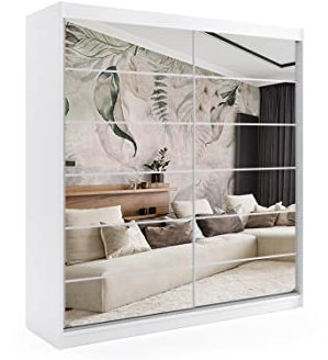 ALTDECOR Kleiderschrank mit Spiegel und Schiebetüren, kugelgelagerte Führungsschienen und Aluminium-Leisten, LED-Beleuchtung (weiß + 16 Farben) und Fernbedienung - Flora - 200 cm Weiß