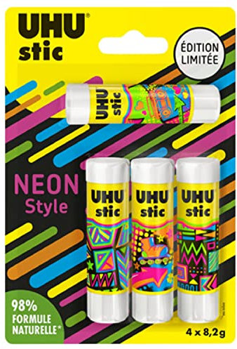 UHU Stic Klebestifte ohne Lösungsmittel, limitierte Edition, Neon, weiß, 4 Stics à 8,2 g