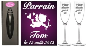Lot : 1 Verre PARRAIN + 1 MARRAINE (ou 2 Parrains ou 2 Marraines au choix) - Flûtes à Champagne Gravées Modèle Ange + 2 Boîtes Cadeaux - Souvenir du Baptême de votre enfant - Cadeau personnalisé