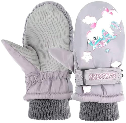 Kinder Skihandschuhe, Skihandschuhe Kinder Handschuhe, Winterhandschuhe Kinder, Kinderhandschuhe Wasserdicht/Warme, Kinder Skihandschuhe Fäustlinge für Skifahren Spielen Outdoor (Grau)