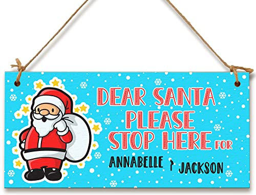 Santa Stop Here for Personalised Fun Snowy Christmas Kids Sign Add Children Names Handmade Wooden Hanging Wall Plaque Gift