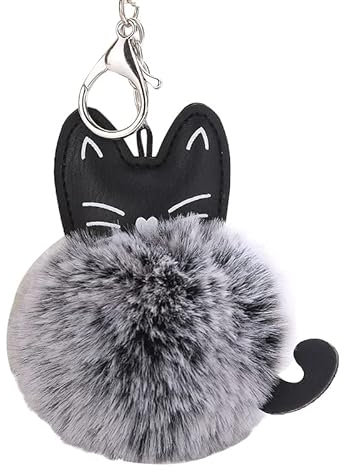 Porte-clés mignon avec pompon en fausse fourrure - Porte-clés en forme de chat - Ornements de boule moelleuse - Taille M - En fausse fourrure et autres pierres précieuses, conforme à l'image., M