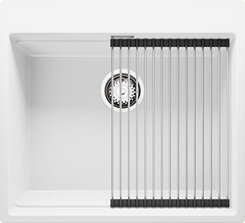 PRIMAGRAN Evier Cuisine en Granit Blanc 58x53cm, Lavabo 1 bac + Kit de Vidage + Égouttoir Enroulable, Évier à Encastrer au meuble 60cm - Oslo Max