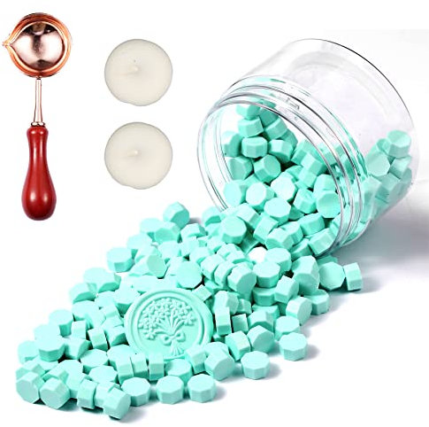 Comealltime Juego de 248 piezas de cera para sellar, color macarón, octogonal, con 2 velas de té y 1 cuchara de fusión, barniz para sello de cera, sello de color verde menta