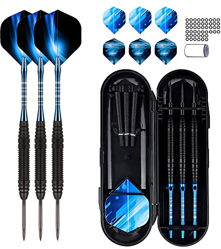 Jiahuade Dartpfeile mit Metallspitze, 3 Stück 22 Gramm Profi Steeldarts, Steel Dartpfeile Set 3 Aluminium Schaft mit 9 Flights, 50 Anti-Lose Gummiringe und 1 Dart Tool Sharpener (Blau)