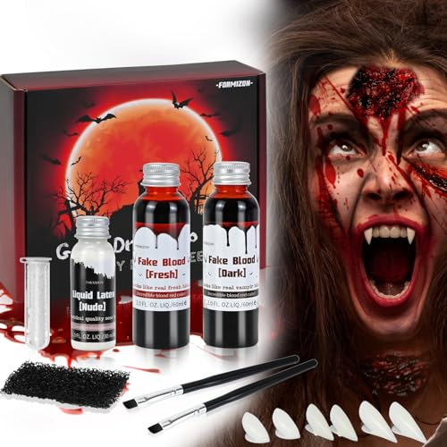 FORMIZON Faux Sang Halloween, 60ml Sang Frais Artificiel, 60ml Faux Sang Rouge Foncé, 30ml Latex Liquide, Dents de Zombie, Cicatrices de Zombies Vampire, Kit de Maquillage pour Halloween
