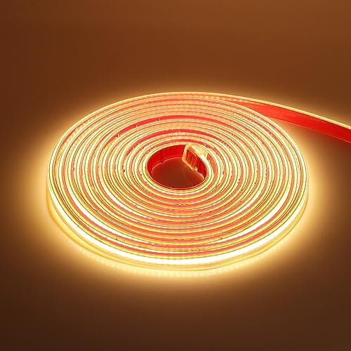 KISUFU Tira de LED COB 220V, Alto brillo 288 LED/m Tira de LED Tener Pegamento de doble cara COB IP65 Impermeable Strip Light para Dormitorio, Bar, hotel, Fiesta de Navidad, cocina.15M,Blanco cálido