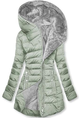 CSKJ Steppjacke Damen Warmer Lang Winterjacke Gefüttert Fleece Daunenjacke Baumwolle Elegant Pufferjacke Langarm Casual Fleecejacke mit Kapuze Wintermantel Winter Outdoor Trachtenjacke
