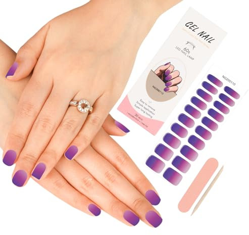 Semi Cured Gel Nails Strips, ZAHRVIA 20pcs Nail Stickers, Easy to Use, Long Lasting, Salon Quality Includes Prep Pads, Nail File & Wood Stick (UV/LED Lamp Required) - Purple Shine