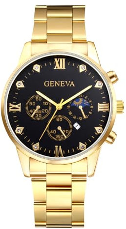 JewelryWe Uhren Herren Edelstahl Armbanduhr: Datum Kalender Analog Quarz Herrenuhr Gold Edelstahl Armband Männer Uhr mit Strass Römischen Ziffern Zifferblatt und Leuchtzeiger