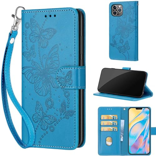 KENHONER Phone Case for iPhone 12 Pro Max, Butterfly - Blue | Shockproof Flip Wallet, Card Slots, Kickstand, PU Leather, Wrist Strap Lanyard