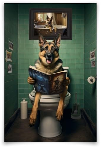 LuminDaze Poster Deutscher Schäferhund auf Toilette, Humor, Leinwanddruck, Wanddekoration, lustiger Tier, Hund, moderne Malerei, Badezimmer, dekoratives Gemälde, 30,5 x 45,7 cm, ungerahmt