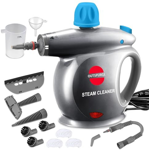 Outspurge - Pulitore a vapore manuale con 11 accessori, blocco di sicurezza, vaporizzatore per pulire pavimenti, tappezzeria, stucco, finestre, divano e auto, colore grigio
