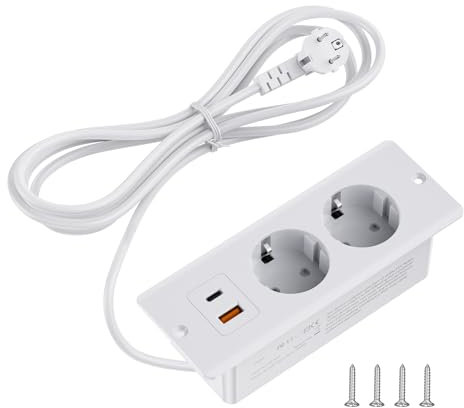 2er Einbausteckdose mit USB-C PD20W | Steckdosenleiste für Nachttisch, Hotelzimmer und schmale Möbel | Mehrfachsteckdose Steckdosenadapter, 5AC| 2-Fach Steckdose + USB mit 2m Öko-Kabel, Weiße