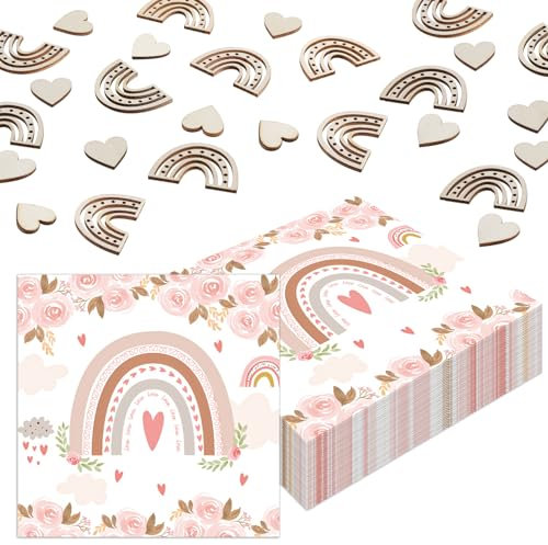 60 Stück Boho Regenbogen Servietten,Taufe Servietten, Blumen Kommunion Papierservietten Kindergeburtstag mit Holz Konfetti Geburtstag Tischdeko für Jungen/Mädchen Geburtstag Party Tischdeko
