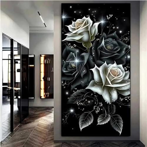 Diamond Painting Erwachsene Schwarze weiße Rosen 5D Diamant Painting Bilder Erwachsene Groß Diamond Painting Set DIY Full Drill Kreuzstich Bilder Diamant Malerei für Wohnzimmer Dekoration Rund,30x60cm