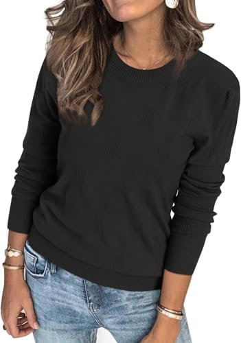 TrendiMax Pullover Damen Rundhals Strickpullover Casual Oberteile Langarm Sweatshirt Elegant Frühling Herbst (L, Schwarz)