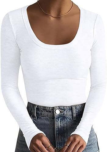 Basicspace Damen Gerippte Tops Schlank Hautfreundlich Basic T Shirt Einfarbig Tops Sexy Dehnbar Lässig Tief U Hals T Shirt Modisch Vielseitig Langarm Shirt