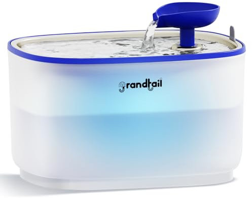 Grandtail Fontana automatica da 2,5 l con luce a LED, fontana automatica per gatti e fontana per cani, in acciaio inox, con livello dell'acqua visibile e pompa senza fili