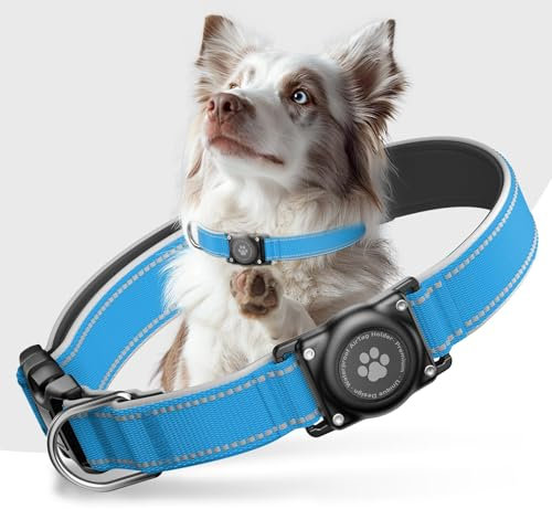 AirTag Hundehalsband, Weich Gepolstertes Neopren Nylon Hunde Halsband, IP68 wasserdichte Integriertes Apple Air Tag Halter, Verstellbare und Reflektierend für Mittlere Große Hunde