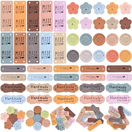 Peevisap 50 Stück 5 Stile Handmade Label, Labels zum Annähen, Aufkleber Handmade with Love, Label Nähen, Hand Made Etikette, für DIY Jeans Häkelkleidung, Stricken, Taschen, Hüte