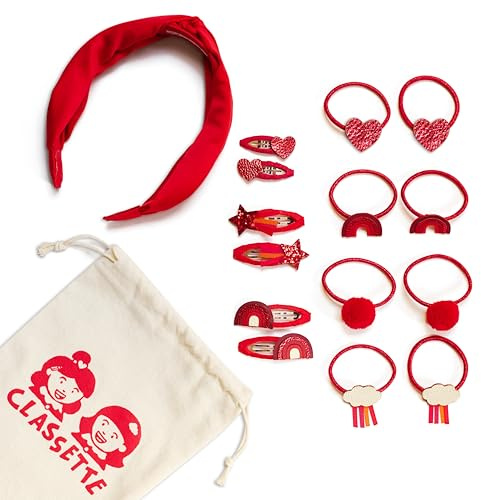 Classette Haarschmuck Set für Kinder, Haargummis, Clips, Stirnband, Schuluniformfarben, 15 Stück (rot)