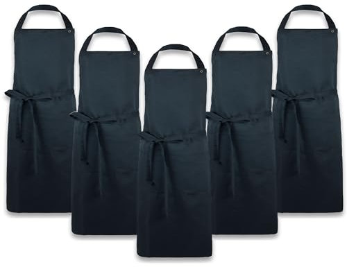 ZOLLNER 5er Set Kochschürze in schwarz - robuste Grillschürze mit aufgenähten Taschen - für Damen und Herren - Baumwolle - 75x100 cm - mit Bindebänder - waschbar bis 60°C - Oeko Tex® zertifiziert