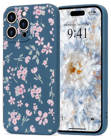 Wirvyuer for iPhone 15 Pro Magnetic case Floral for Women, Blue | Compatible with Magsafe Cute Floral Leaves Phone Case, Pink Flower Shockproof Silicone Slim Bumper Protective Cover for Girls