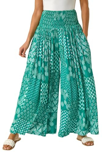 Roman Originals Shirred Wide Leg Palazzo Trouser for Women UK Ladies Stretch Pull On Elasticated Pants Summer Spring Casual Smart Holiday Vacation Party Bottoms - Jade - Size ONE