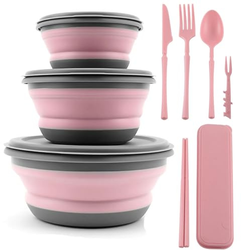 YAOBVIS Collapsible Bowl, 3 Pcs Food Grade Silicone Camping Bowl, Expandable Salad Bowl Lunch Box with Lid & Tableware for Travel and Picnic