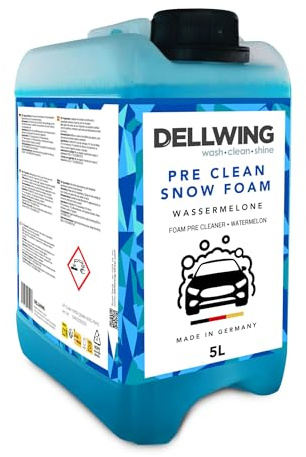 Dellwing Pre Clean Snow Foam Konzentrat 5 l, Wassermelonen-Geruch, Auto Vorwäsche Shampoo ph-neutral, Schaumreiniger für Autowäsche und Autopflege außen, Made in Germany | Auto Vorwäsche Shampoo pH neutral, Schaumreiniger für Autowäsche und Autopflege außen, Made in Germany