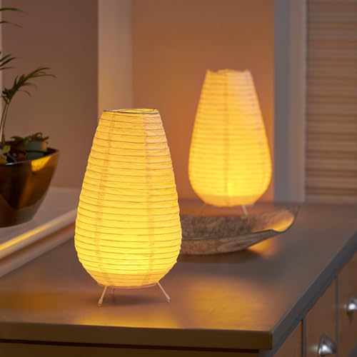 Auraglow Rice Paper Table Lamps Tall 2 Pack, Battery Cordless 2000K | Warm white ambient lantern glow, wire frame shade, portable for bedroom, lounge and dining, candle like mood