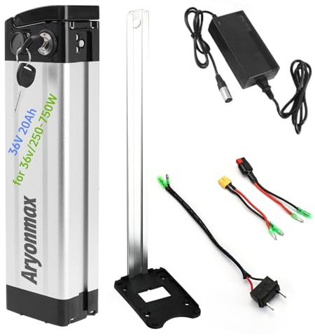 Batteria al Litio Impermeabile Argento per Bici Elettrica 36V / 20Ah 15Ah 10Ah, Batteria Ebike Removibile con Caricabatterie (2Pin,36V 20Ah)