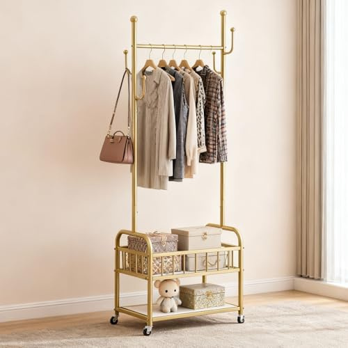 TAO ONE Kleiderständer Doppelkorb Rollen für Schlafzimmer Flur Golden | Stabiler Metallrahmen, mit Aufbewahrungskorb, 360° Rollen. Perfekt für Schlafzimmer, Flur, Wohnzimmer und kleine Räume