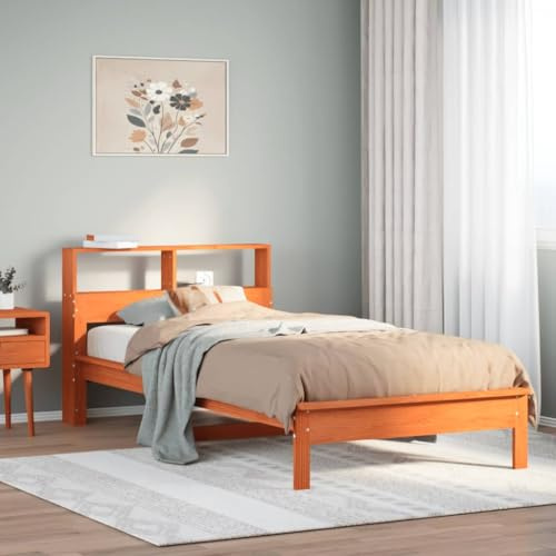 kithwjll Massivholzbett 100x200 cm, Wachsbraun Kiefernholz Bettgestell mit Regal-Kopfteil, Stabiler Lattenrost, Bettrahmen, platzsparend für Schlafzimmer, ohne Matratze