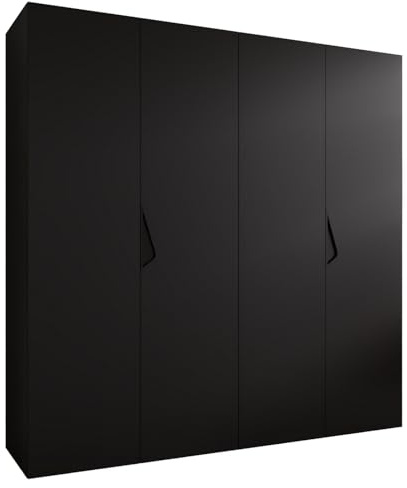 MEBLE KRYSPOL - Kleiderschrank - Garderobenschrank - 200 cm x 202 x 52 cm - Schrank mit Kleiderstange, 4 Türen - für Schlafzimmer, Flur - SANDI, Schwarz, Griff Schwarz