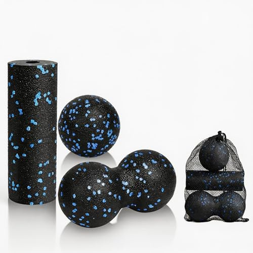 AEUXZA 3-teiliges Faszienball Set, Massageball & Duoball mit Mini Faszienrolle, Schwarz-Blau gesprenkelt, Triggerpunkt-Massage für Rücken & Füße, inkl. Tragebeutel, EPP.