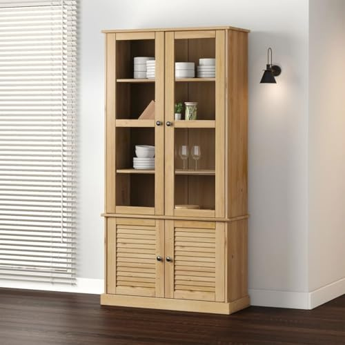 Vitrine en verre bibliothèque étagère en pin massif VIGO 85x35x170 cm pour salon salle à manger, armoire de rangement collection vaisselle décorative, meuble rustique avec portes et boutons métal