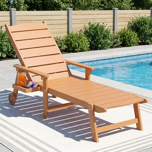 BIXUYOU Outdoor-Liegestuhl mit Rollen, 2 m Lange Sonnenliege, 5-Fach verstellbare Rückenlehne (Flache Liegeposition), ausklappbares Seitentablett, wetterfest, für Pool, Terrasse und Strand