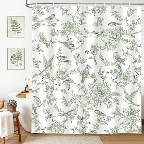hometrixx Rideau de Douche Vintage Fleurs Oiseaux Vert Sauge Blanc 180x200 | Imperméable Polyester, Infroissable, Séchage rapide, Rideaux de Douche pour Salle de Bain, Lavable en Machine 12 Crochets