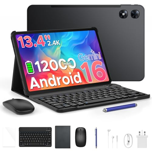 P13 Pro 13.4 Inch Large Tablet, Android 16 Tablets, Gemini AI, 120Hz, 48GB+256GB/TF 2TB, 12000mAh/18W, T7280 Octa-Core, 4G Dual SIM, OTG, 16MP+8MP, Face ID, 5G WiFi, Tablet with Keyboard Stylus, Black