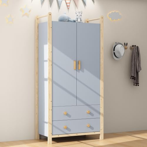 staronce Kinderkleiderschrank 2-türig mit Kleiderstange und Schubladen, 90x45x180 cm, in Blau & Khaki, Spanplatte mit Kiefernrahmen