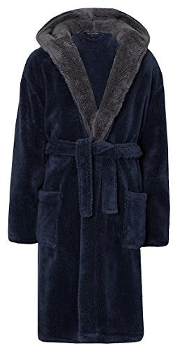 MICHAEL PAUL Dressing Gowns for Men | Super Soft Snuggle Hooded Dressing Gown |Men's Warm and Cozy Fleece Nightwear Robe | Gifts for Him NAVY grey M