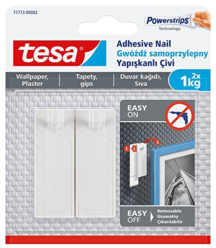 tesa 77773–00002–00 abnehmbarer selbstklebend Nail für Bild hängen auf Tapete, Weiß