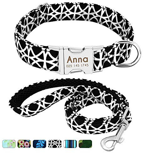 Beirui Personalisiertes Hundehalsband und Leine, Set mit Schnellverschluss-Schnalle, 1,2 m lang, mit Leine und Halsband mit Blumenmuster, verstellbares Halsband für kleine und mittelgroße Hunde