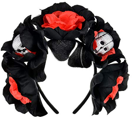 Merroyal Stirnband im Stil Frida Kahlo mit mexikanischer Blumenkrone, Party-Kostüm, Halloween, Kopfschmuck Gr. Einheitsgröße, Schwarz-roter Totenkopf
