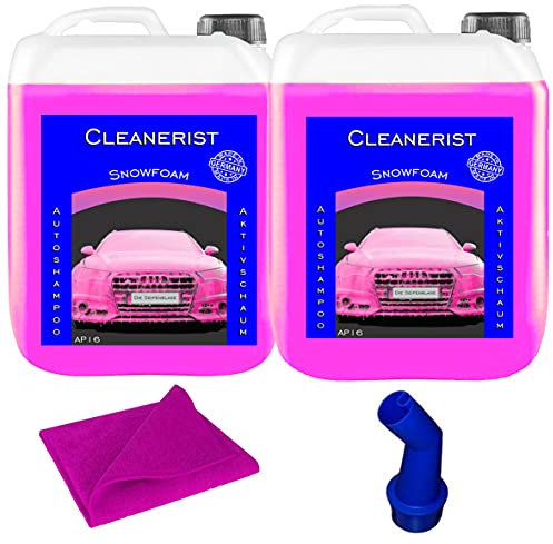 Cleanerist 2 x 5 litri Snow Foam PINK I concentrato | Shampoo per auto anche per roulotte e caravan | lavaggio auto I Foamer I schiuma attiva I con beccuccio e panno in microfibra
