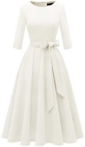 DRESSTELLS White Dress Women for Cocktail Tea Party, Vintage Formal Wedding Guest Church Dress Knee Length, Mother of Bride Long Sleeve Fit Flare Casual Baby Shower Evening Prom, 2026 Summer XL